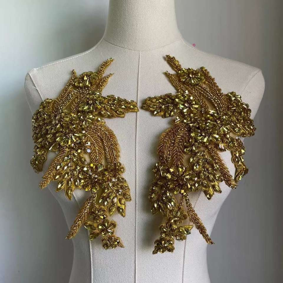 Beaded Sparkling Rhinestone Appliqué Sew-on Patches in Silver and Gold, Dress Embellishment, Sparkly