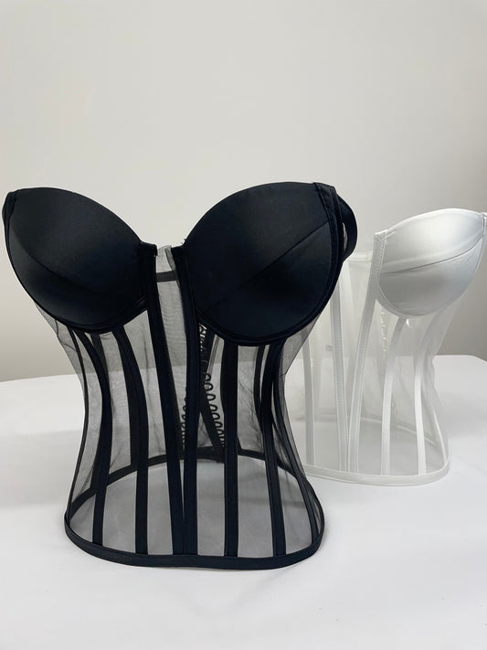 Transparent Corset, Sheer Bustier, Bridal Corset, Tulle Lace-up Corset, Waist Snatcher with Lacing. Black & White