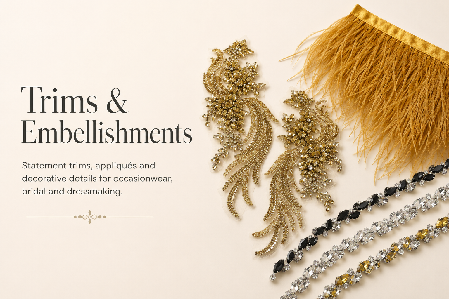 Decorative trims and embellishments on a beige background with text about their use in occasionwear, bridal, and dressmaking.
