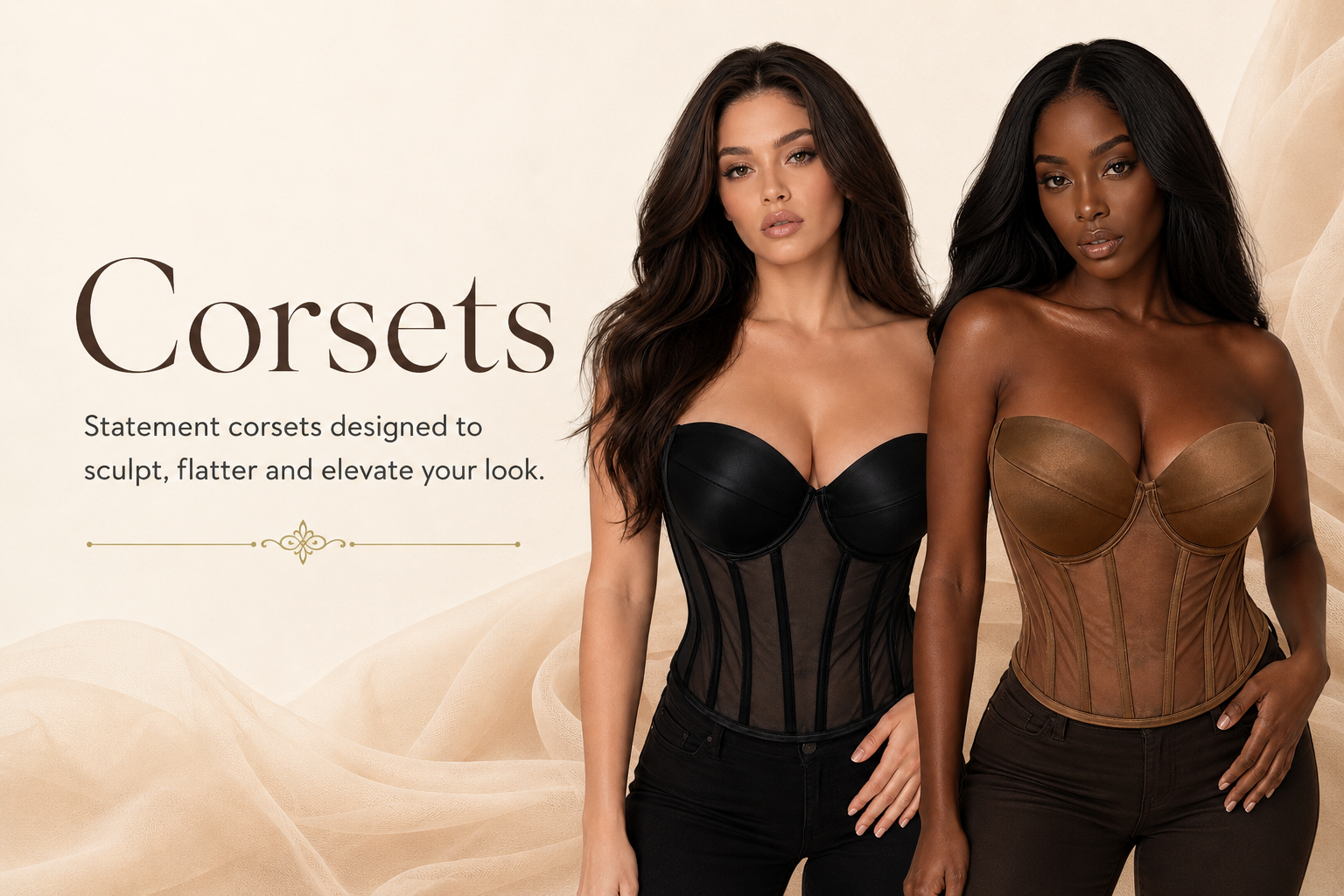 Two models wearing corsets with text about the product on a beige background