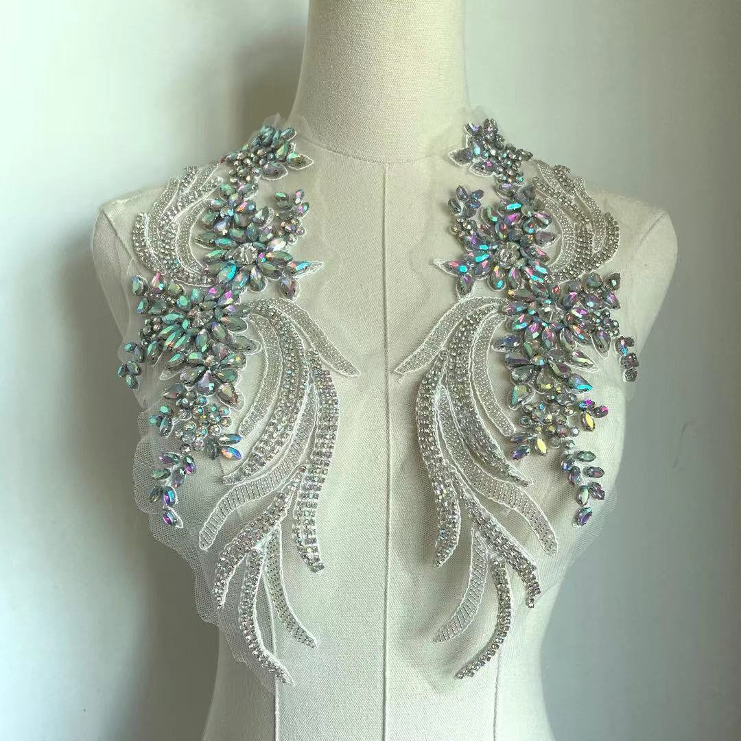 Heavily Beaded Sparkling Rhinestone Applique Sew-on Patches in various colours, Dress Embellishment