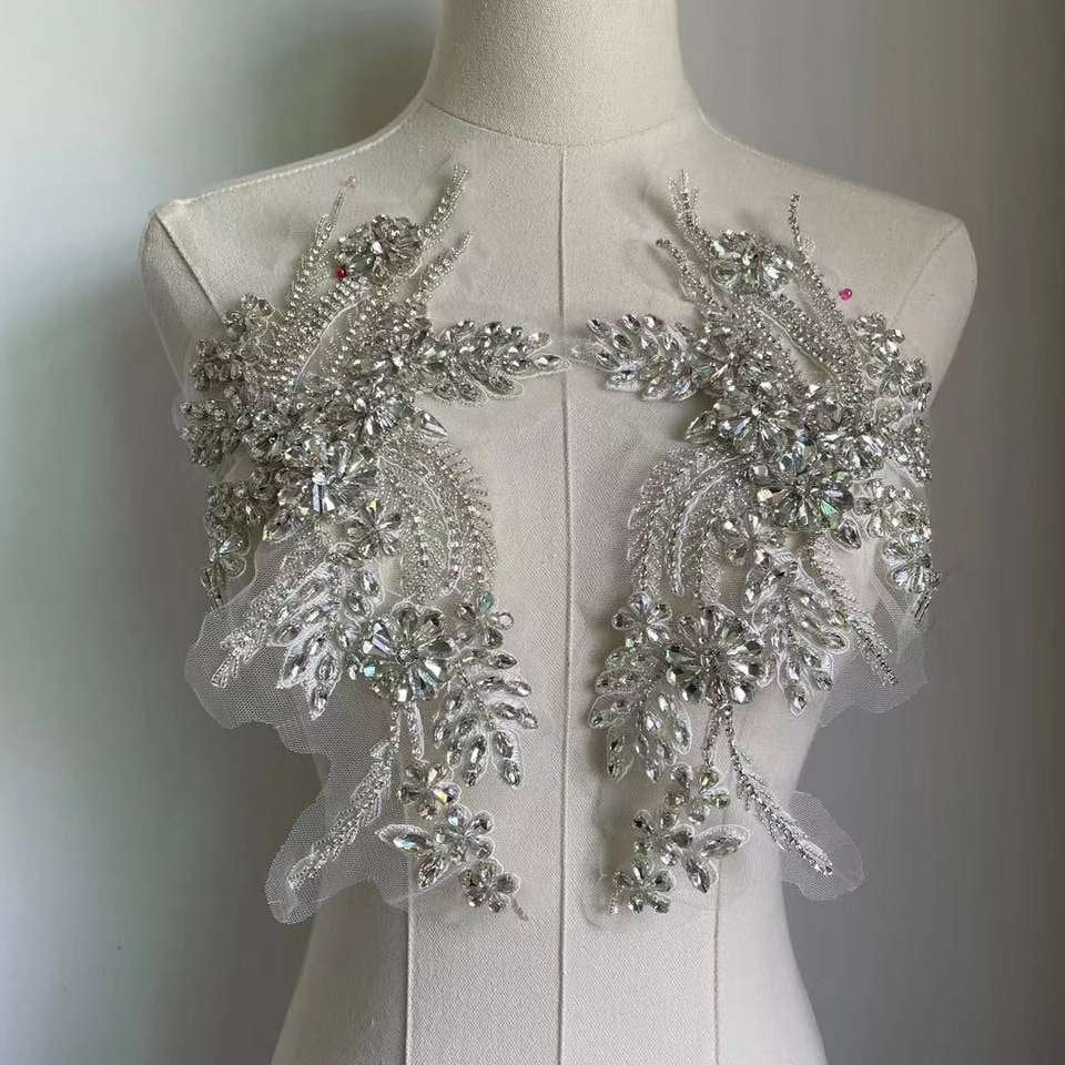 Beaded Sparkling Rhinestone Appliqué Sew-on Patches in Silver and Gold, Dress Embellishment, Sparkly