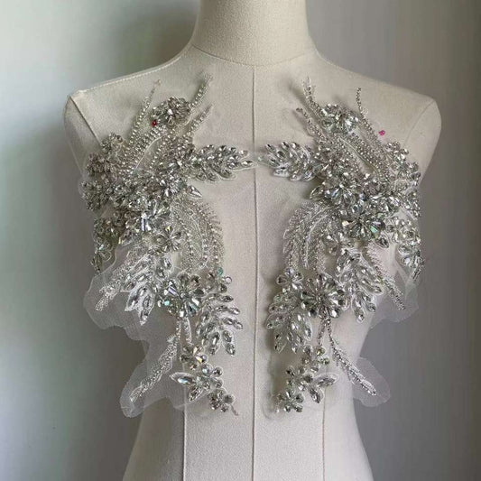 Beaded Sparkling Rhinestone Appliqué Sew-on Patches in Silver and Gold, Dress Embellishment, Sparkly