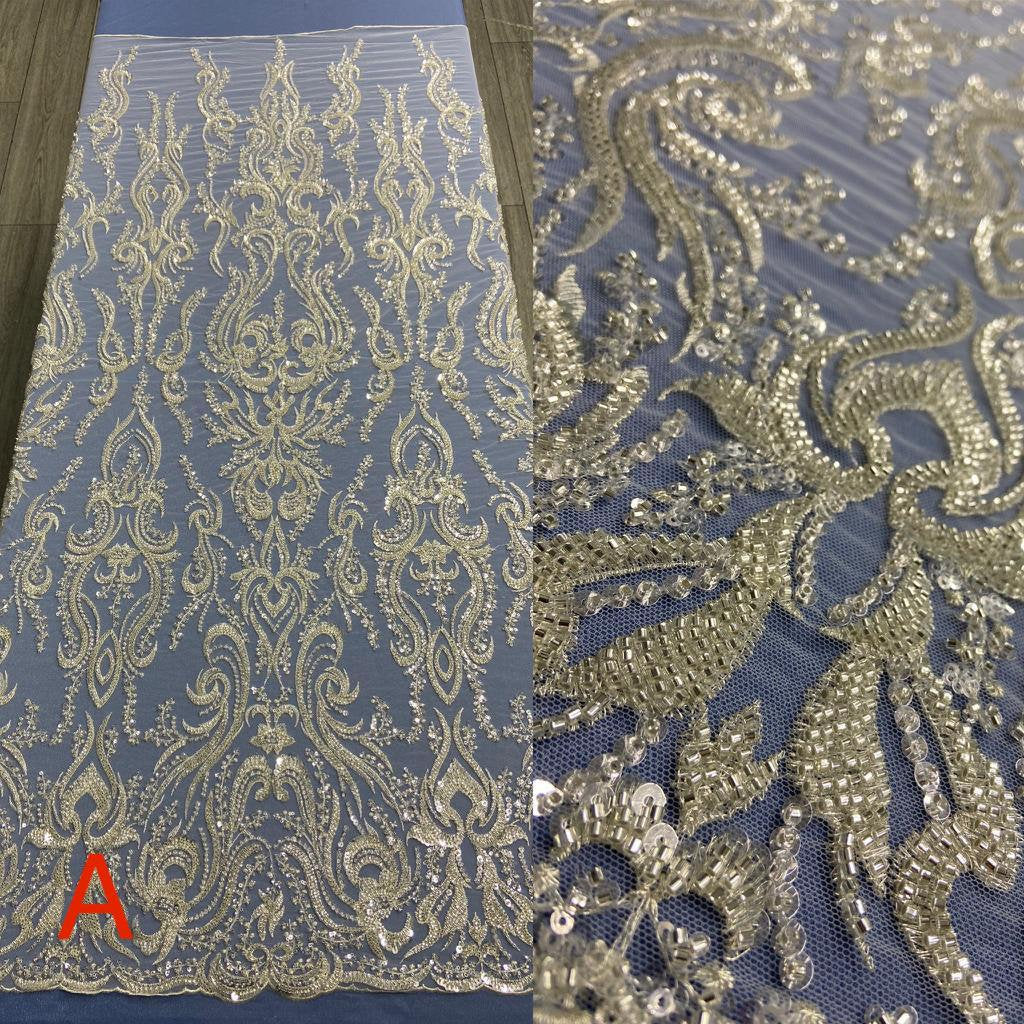 Luxury beaded & Sequinned Bridal and Occasion Lace, Floral Bridal Lace, Linear Lace, Pearl Beaded Silver and Ivory Fabric