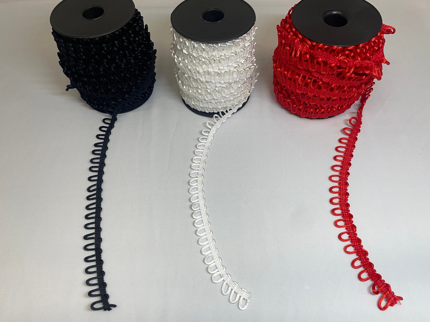 Bridal Button Looping, Button Hole Loops, Non-elastic. Rouleau Button Looping. White, Red and Black