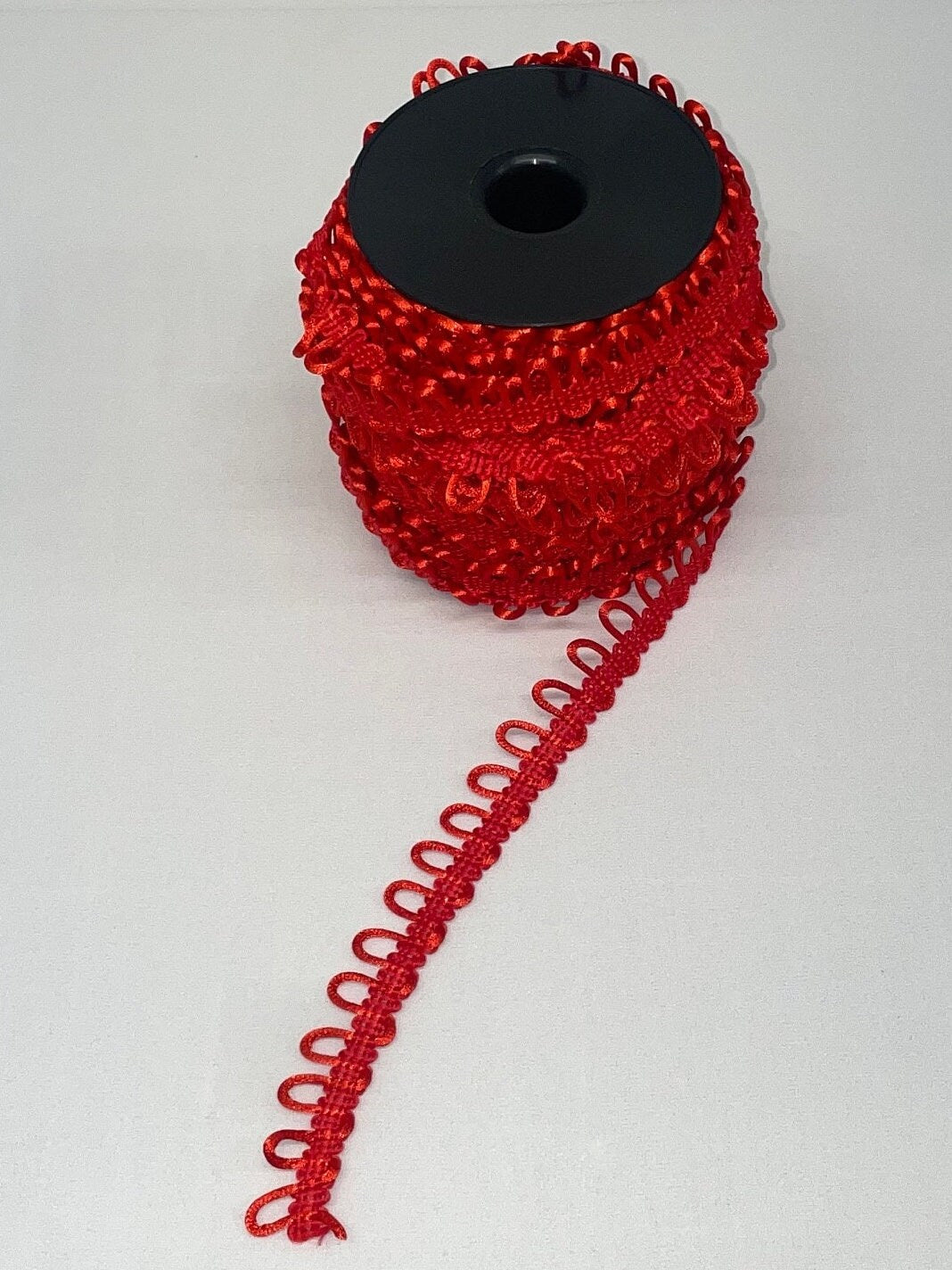 Bridal Button Looping, Button Hole Loops, Non-elastic. Rouleau Button Looping. White, Red and Black
