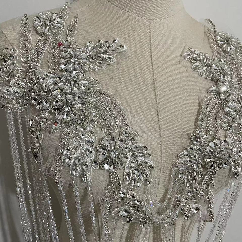 Beaded Sparkling Rhinestone Appliqué Sew-on Patches with Tassel Detail, Dress Embellishment, Sparkly. In Various Colours.