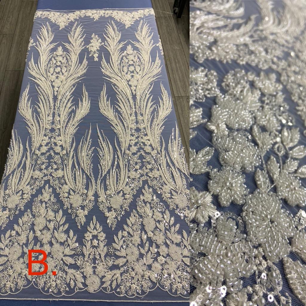 Luxury beaded & Sequinned Bridal and Occasion Lace, Floral Bridal Lace, Linear Lace, Pearl Beaded Silver and Ivory Fabric