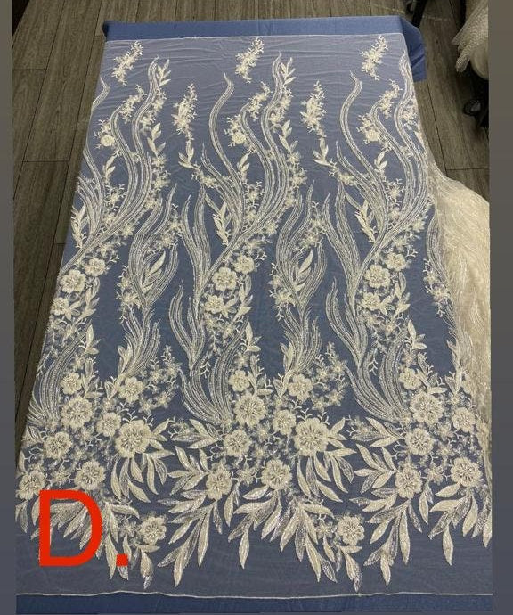 Luxury beaded & Sequinned Bridal and Occasion Lace, Floral Bridal Lace, Linear Lace, Pearl Beaded Silver and Ivory Fabric