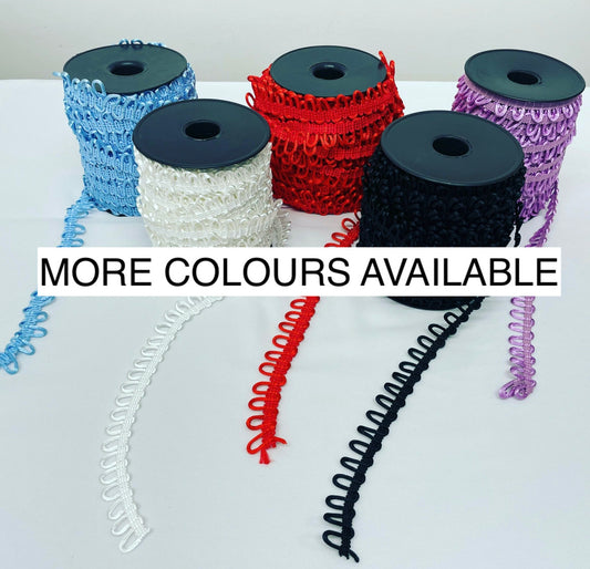 Bridal Button Looping, Button Hole Loops, Non-elastic. Rouleau Button Looping. White, Red and Black