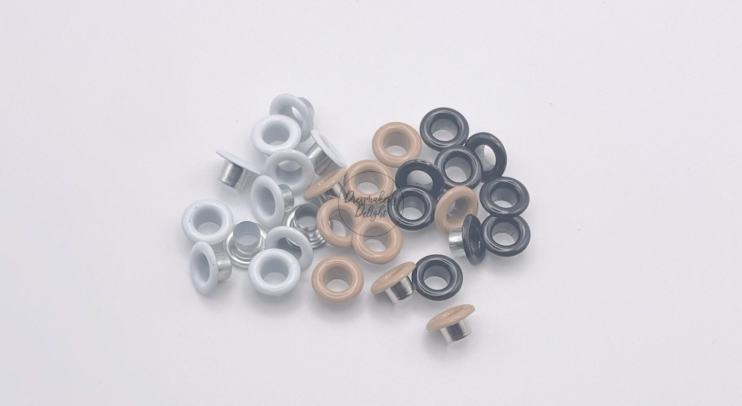 5mm Eyelets with Washers. Corsetry Eyelets. Black, White and Caramel.